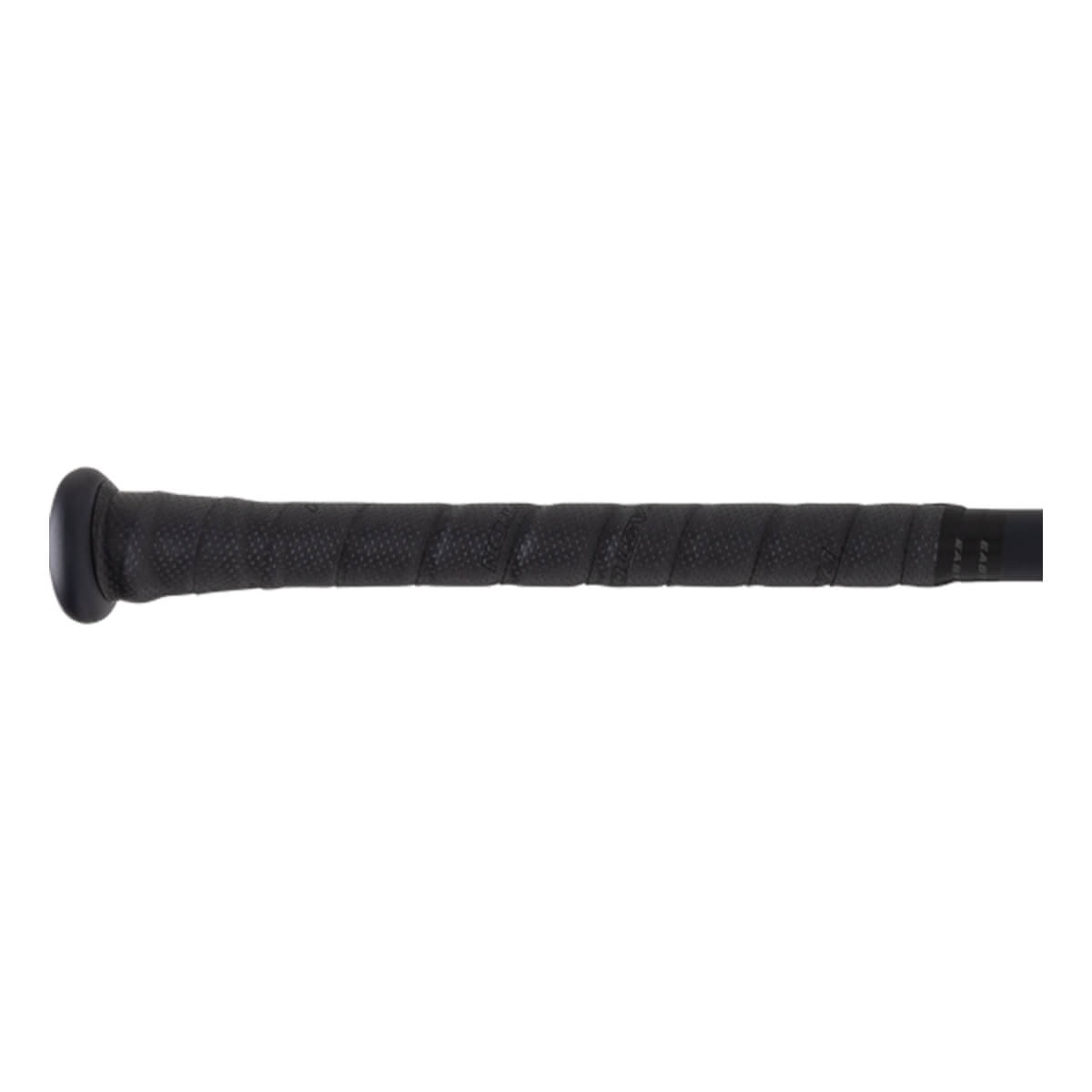Close-up of a black baseball bat grip with textured spiral pattern and black end cap.