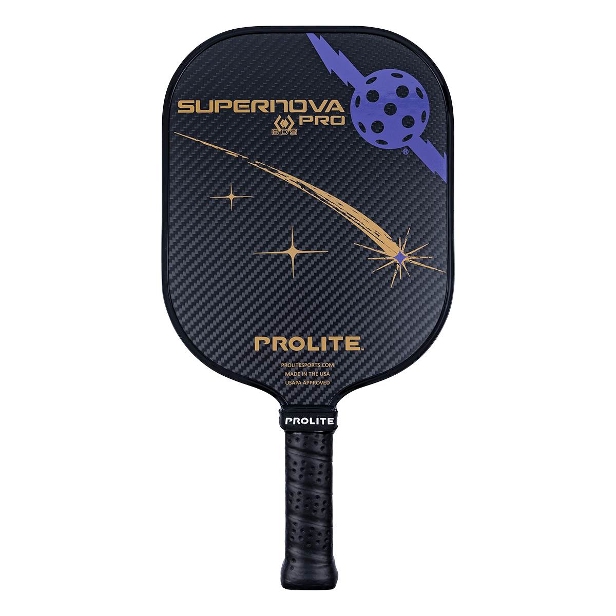 Front view of a black pickleball paddle with a supernova graphic, SUPERNOVA PRO text, and carbon fiber texture.