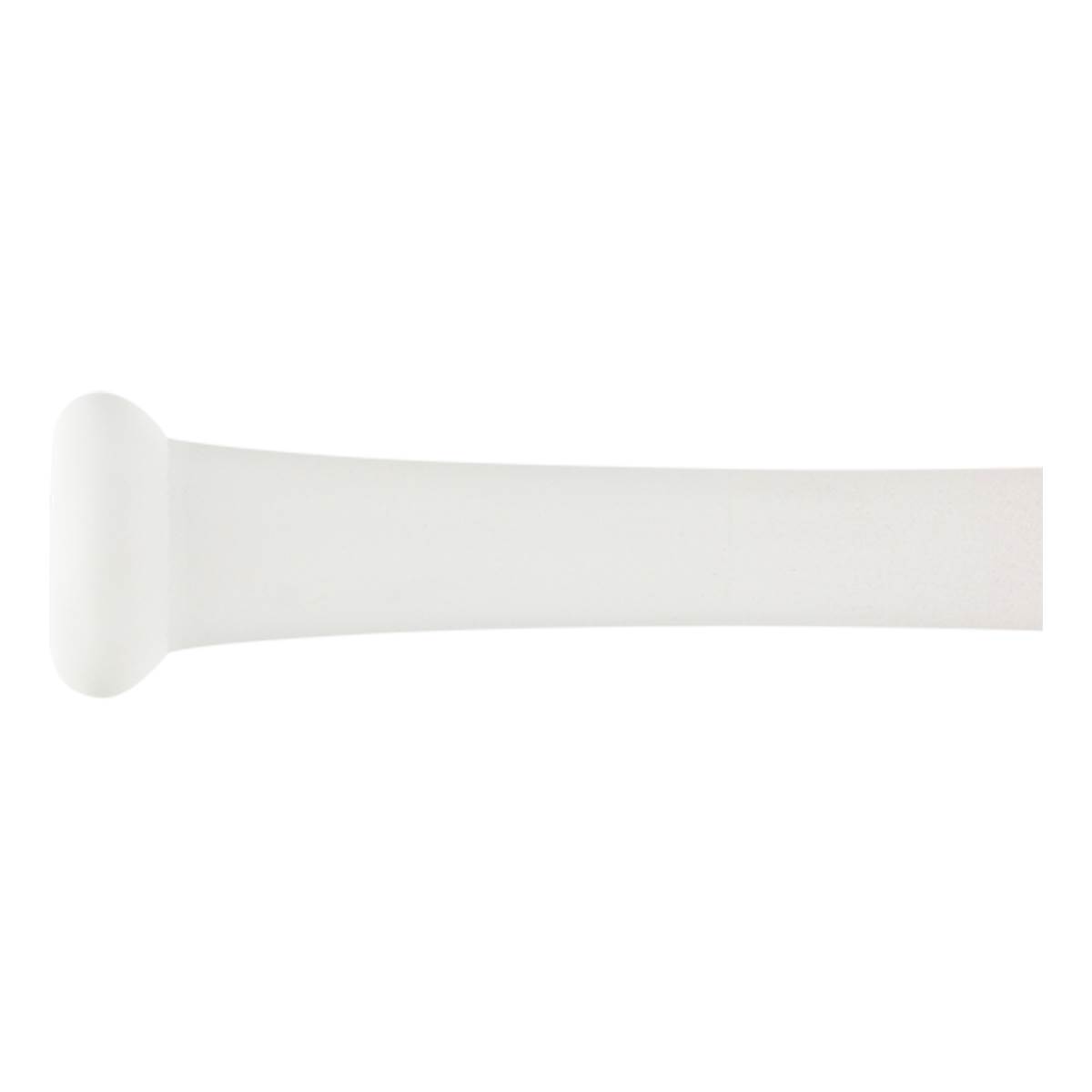 Side view of a white training bat with a rounded knob and tapered barrel.