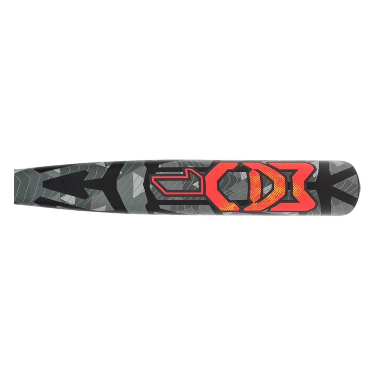 Side close-up of the Easton MAV1 bat barrel showing a gray geometric camouflage pattern and the stylized "MAV1" logo in vibrant red and orange with black outlines.