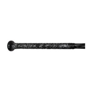 Side view of a black baseball bat with a patterned grip and DeMarini branding.