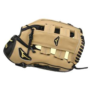 Side view of a tan baseball glove with black accents and gold Mizuno logos.