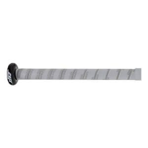 Side view of a light gray fastpitch softball bat with a black handle knob showing XENO and light gray grip tape with LOUISVILLE SLUGGER text.