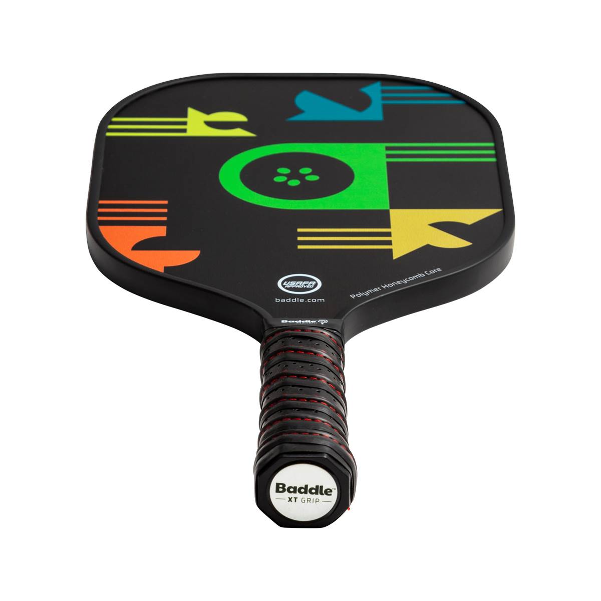 Top-down view of a black Baddle pickleball paddle with colorful geometric accents and a textured grip.