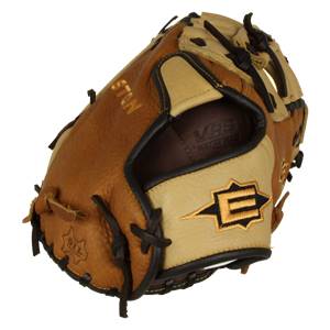 Top-down view of a brown first base mitt with tan accents, EASTON text, and an E logo.