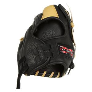 Side view of a black softball glove with a tan heel, XRD embossed detail, and Miken logo.