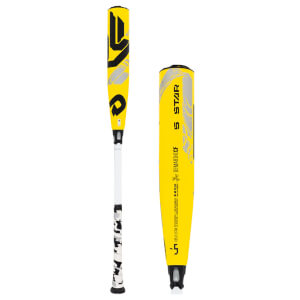 Side view of a yellow DeMarini CF baseball bat with black graphics and a white handle.
