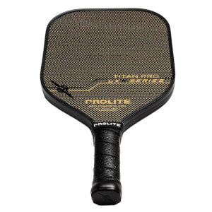 Front view of a black pickleball paddle with a gold textured surface, TITAN PRO LX-R SERIES and PROLITE text.