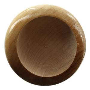 Top-down view of a natural wood baseball bat with a smooth, rounded end and visible wood grain.