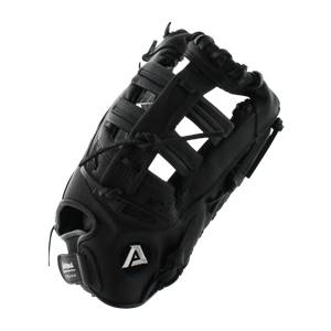 Corner view of a black first base mitt with an A logo and open webbing.