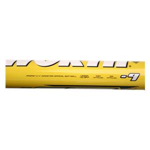 Side view of a yellow softball bat with FPQPST 2 1/4 DIAMETER OFFICIAL SOFTBALL, USSSA 120 BPF, USA APPROVED, and ISA APPROVED text.