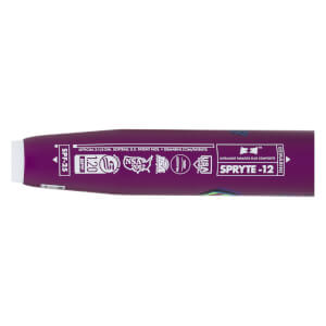 Close-up of the purple softball bat barrel featuring white certification stamps for USA Softball and NSA 2012, and the model name SPRYTE -12.