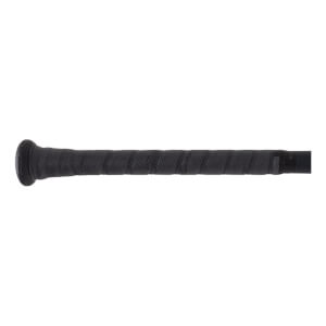 Close-up of a black baseball bat handle with a textured, wrapped grip featuring EASTON text and a knob.