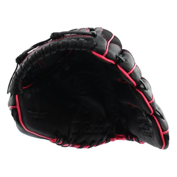 Top-down view of a black fastpitch glove with pink stitching and a Wilson logo.