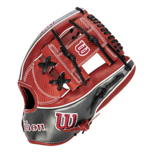 Side view of a red and gray baseball glove with black lacing and Wilson branding.