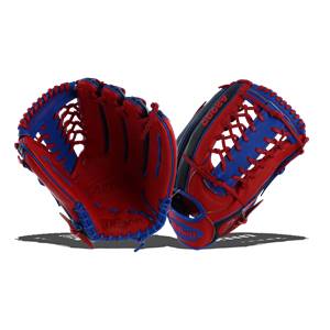 Front view of red and blue baseball gloves with A2000 and Wilson branding.