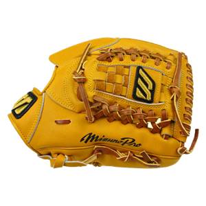 Side view of a tan Mizuno Pro baseball glove with a woven pocket and black logo.