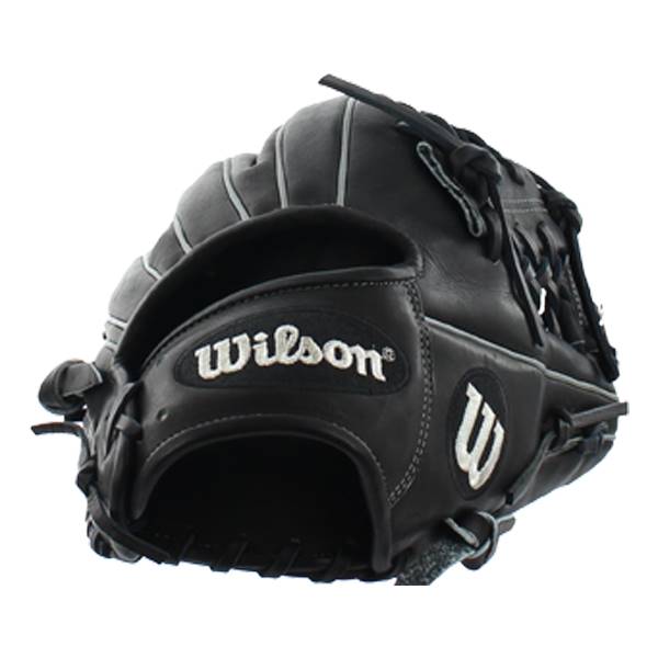 Close-up of a black Wilson glove with white stitching and a white W logo.
