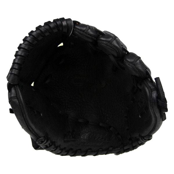 Top-down view of a black baseball glove with a textured palm and stitched finger stalls.