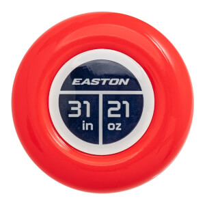 Top-down view of a red baseball bat end cap with a white and blue insert showing EASTON branding and 31 in 21 oz.