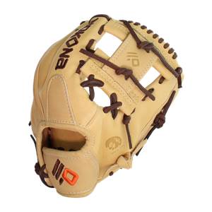 Front view of a tan baseball glove with Nokona embossed on the wrist and 110 logo on the palm.
