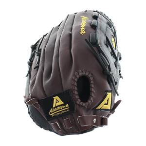 Side view of a brown baseball glove with black lacing and a gold Akadema logo.