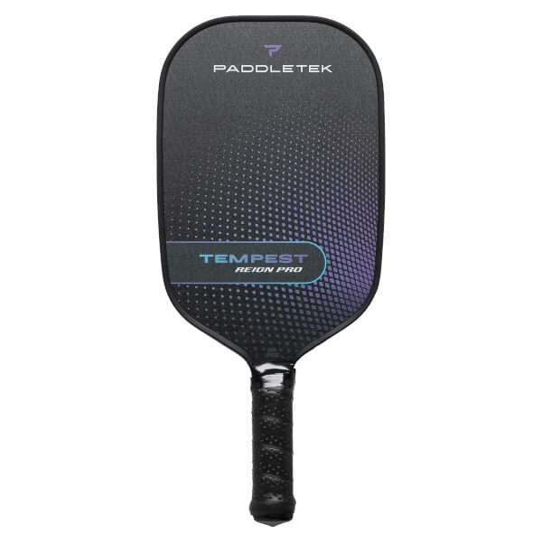 Front view of a black pickleball paddle with PADDLETEK and TEMPEST REIGN PRO text and a purple gradient design.