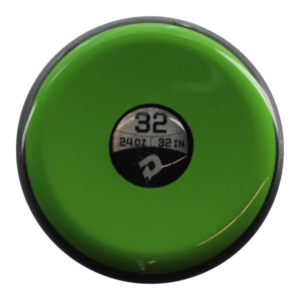 Top-down view of a green baseball bat with a circular black end cap showing 32, 24 OZ, 32 IN, and a DeMarini logo.