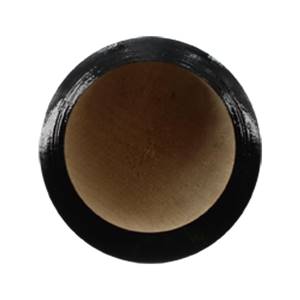 Top-down view of a black baseball bat with a wood grain interior.