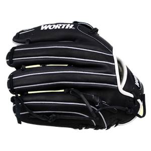 Top-down view of a black baseball glove with white stitching and WORTH logo.