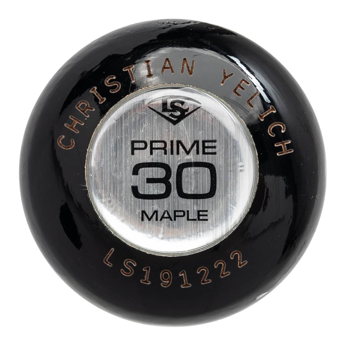 Top-down view of a black bat end with a silver insert showing PRIME 30 MAPLE and CHRISTIAN YELICH engraved.