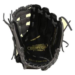 Inside view of a black and grey baseball glove with gold Glovemith logo and Professional Model 1125L text.