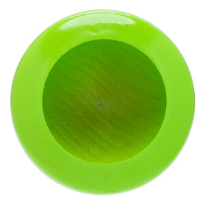 Top-down view of a bright green baseball bat with a glossy finish and a cupped end revealing wood grain.