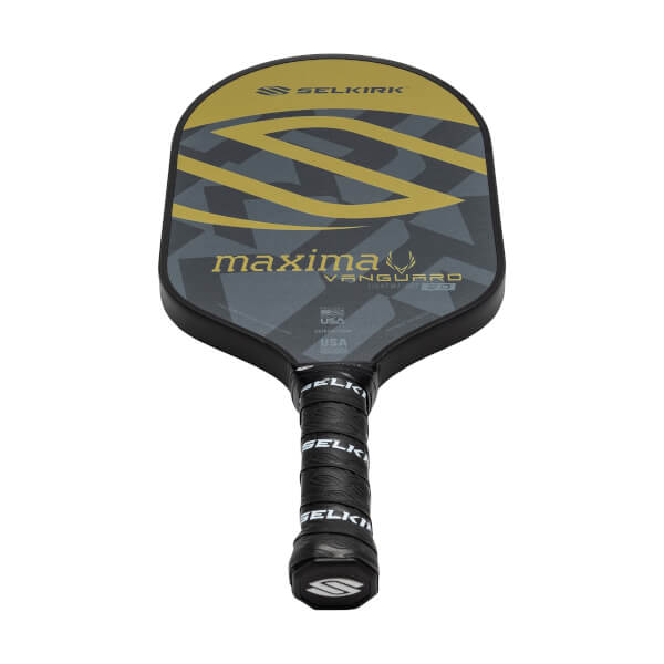 Top-down view of a grey and gold Selkirk VANGUARD 2.0 Maxima pickleball paddle with a black grip and USA markings.