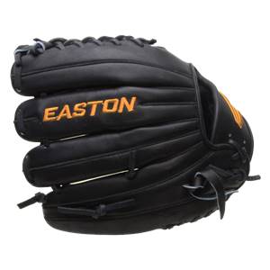 Side view of a black Easton baseball glove with orange embroidered branding and leather lacing.