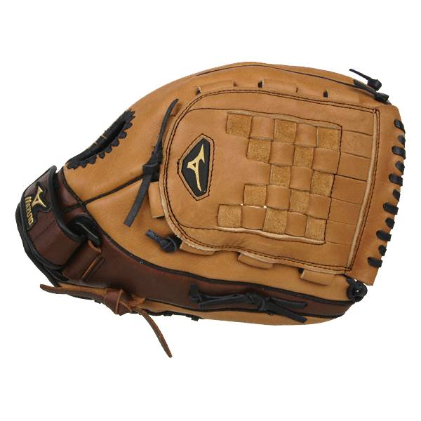 Side view of a brown baseball glove with a woven pocket and Mizuno logo.