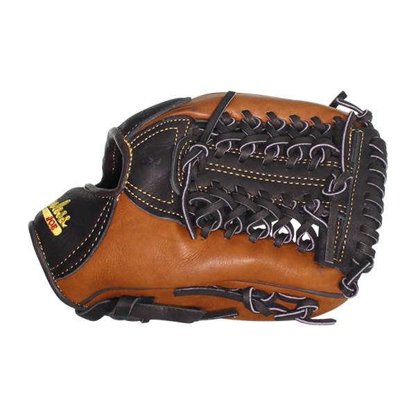 Side view of a brown and black baseball glove with Shoeless Joe branding and detailed lacing.