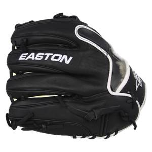 Front view of a black Easton baseball glove with white stitching and a white star logo.