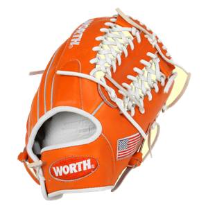 Corner view of an orange baseball glove with white lacing, a Worth logo, and an American flag patch.
