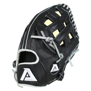 Side view of a black baseball glove with white piping, a white A logo, and yellow padding.