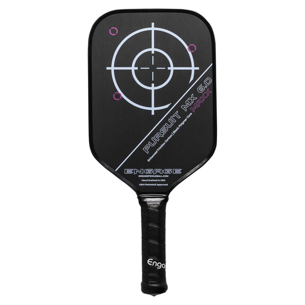 Front view of a black pickleball paddle with a target design, PURSUIT MX 6.0 MAXX text, and Engage branding.