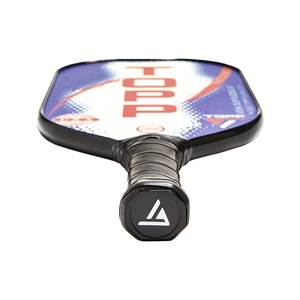 Top-down view of a white pickleball paddle with red TOPP text and a black grip.