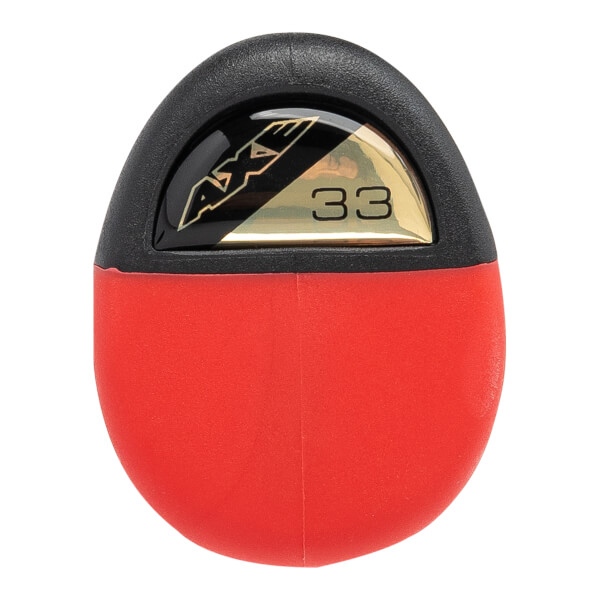 End view of a black and red baseball bat with Axe branding and 33 size indicator.
