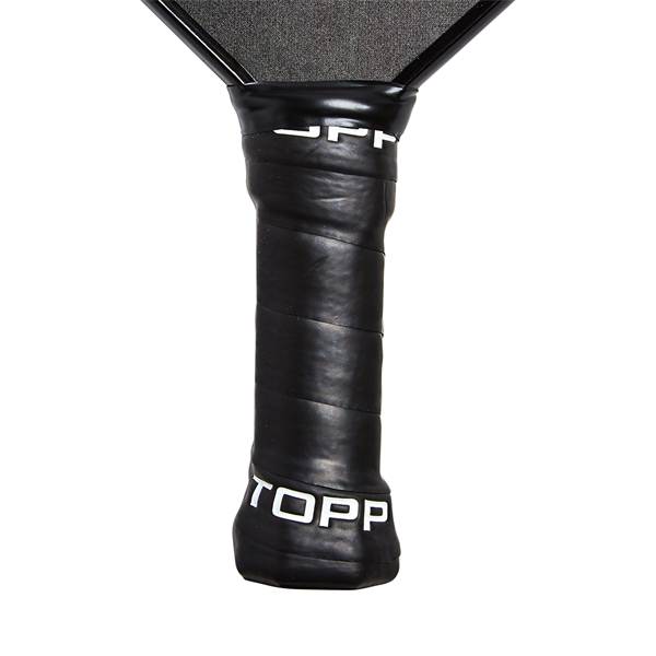 Close-up of a black pickleball paddle grip with white TOPP branding and textured surface.