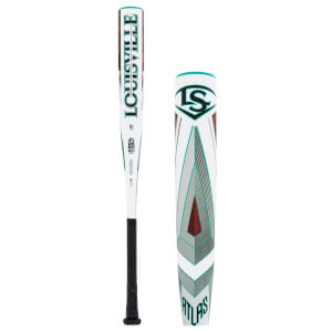 Front view of a white baseball bat with Louisville in teal, a black grip, and Atlas on the teal/maroon geometric barrel.