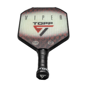 Top-down view of a black pickleball paddle with VIPER and TOPP branding and a red chevron design.