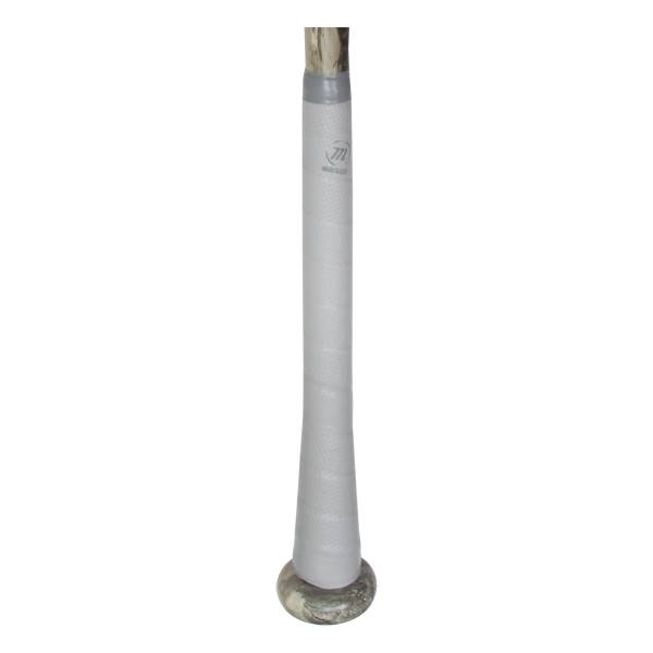 Close-up of a grey baseball bat grip with a Marucci logo and a camo end cap.