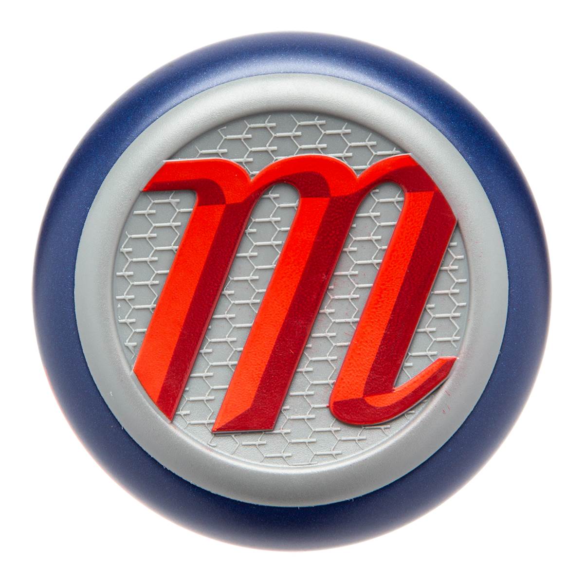 End view of a blue baseball bat with a red m logo on a silver hexagonal pattern.