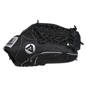 Side view of a black baseball glove with a silver A logo and Akadema text.
