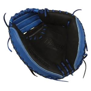 Top-down view of a blue and black catchers mitt with white stitching and WORTH embossed on the palm.